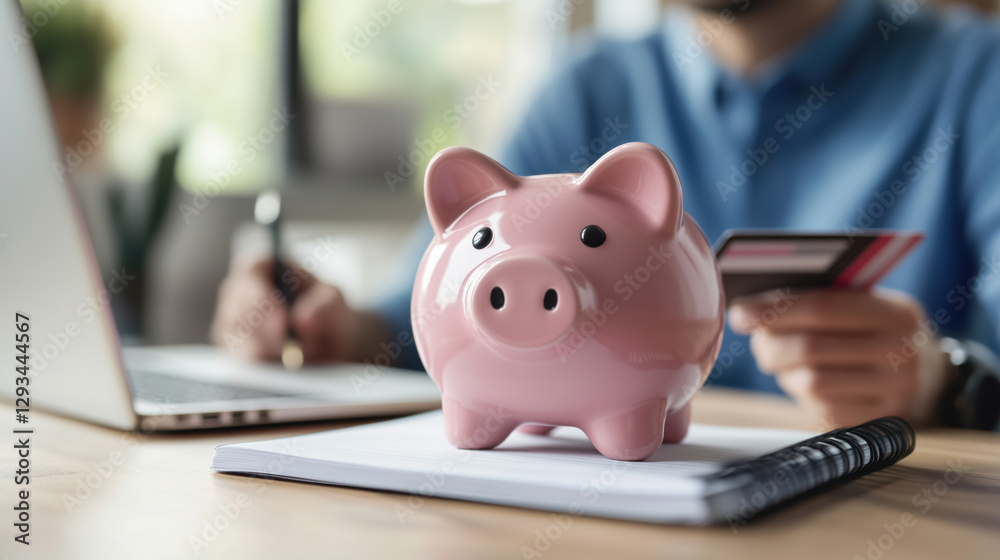 Close-up of a pink piggy bank on a desk with a person holding a credit card and working on a laptop in a bright, modern workspace, symbolizing financial planning and saving Close-up of a pink piggy bank on a desk with a person holding a credit card and working on a laptop in a bright, modern workspace, symbolizing financial planning and saving