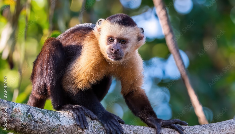 Naklejka premium Crested Capuchin Monkey in Linhares, Brazilian Rainforest Majestic Crested Capuchin Basking in the Sunlit Tropical Canopy of Espirito Santo, Southeast Brazil