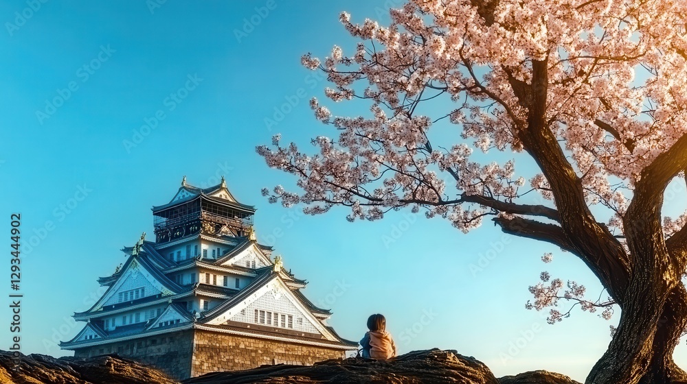 Child admiring osaka castle during cherry blossom season Child admiring osaka castle during cherry blossom season
