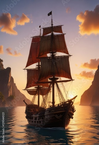 Wallpaper Mural Un barco pirata anciano y robusto se sumerge lentamente en la orilla a medida que el atardecer toma pose, boat, shore, sailing Torontodigital.ca