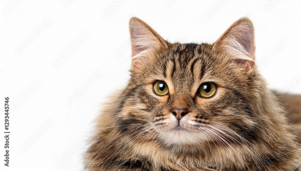 Purebred Crossbreed Siberian Cat Showcasing Elegance and Softness on White Background, Radiating Serene Energy with Vibrant Eyes. Purebred Crossbreed Siberian Cat Showcasing Elegance and Softness on White Background, Radiating Serene Energy with Vibrant Eyes.