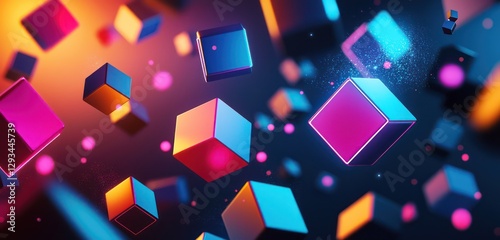 Modern design highlighted in a digital display of neon shapes and 3D cubes.