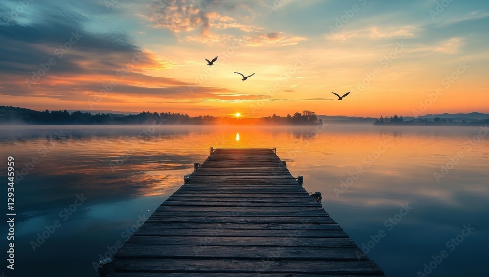 Obraz premium Serene sunrise over calm lake with wooden pier and flying birds in tranquil morning light