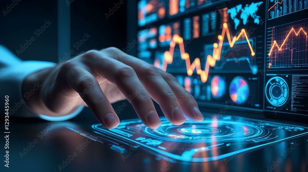 Hand interacts with a digital screen displaying financial charts and data for trading analysis Hand interacts with a digital screen displaying financial charts and data for trading analysis