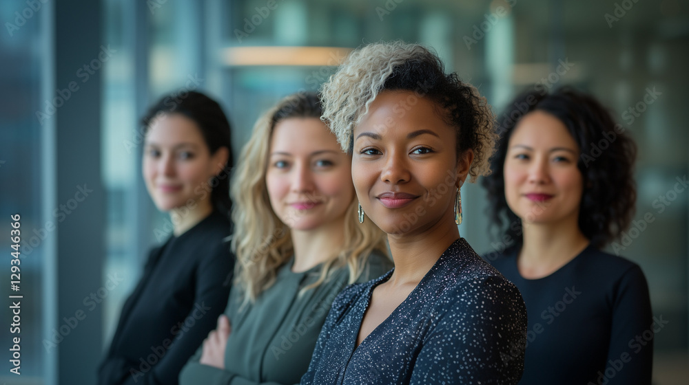 Fototapeta premium Close-up portrait of smiling women from different ethnicities standing side by side in an office setting, looking at the camera with determination and confidence. The image highlights diversity