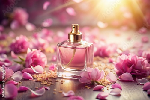 Vintage Pink Perfume Bottle with Scattered Petals in Sunlight