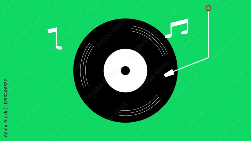 A vinyl record spins on a vintage vinyl record player on a green background.
