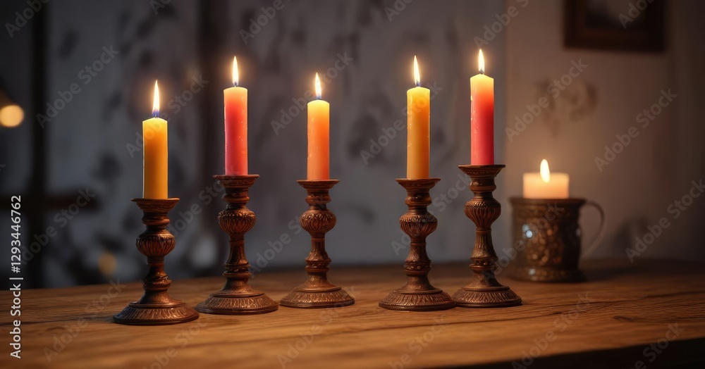 Vintage candlesticks with tea lights on a wooden table , earthy tones, rustic decor,