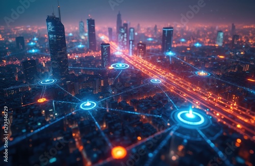Aerial view of night city with futuristic glowing digital network connections. Smart technology, AI, data transfer in urban innovation. Modern cityscape with cyber communication and automation.