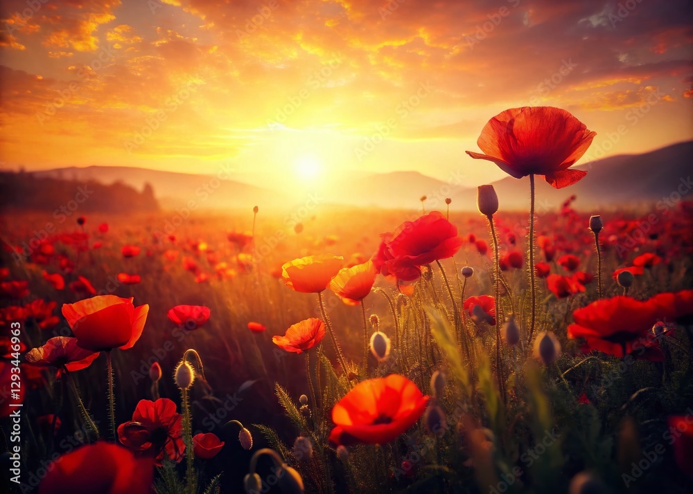 Fototapeta premium Vintage Poppy Field: Sun-Drenched Blooms in Rustic Beauty