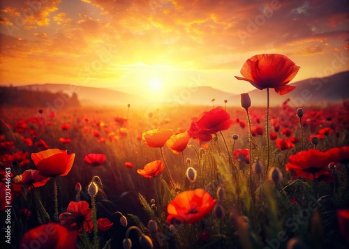 Vintage Poppy Field: Sun-Drenched Blooms in Rustic Beauty