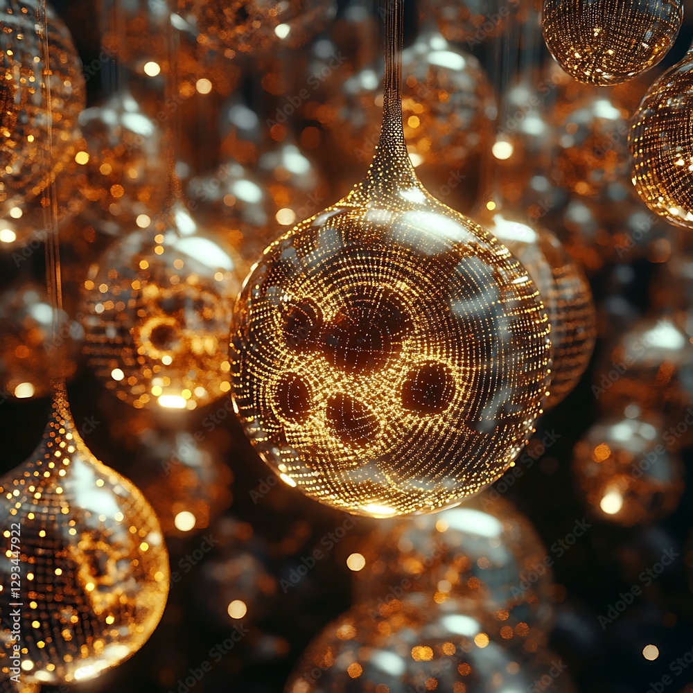 Obraz premium Abstract Visualization of Shimmering Hanging Orbs with Illuminating Lights and Reflective Surfaces in a Dark Atmosphere