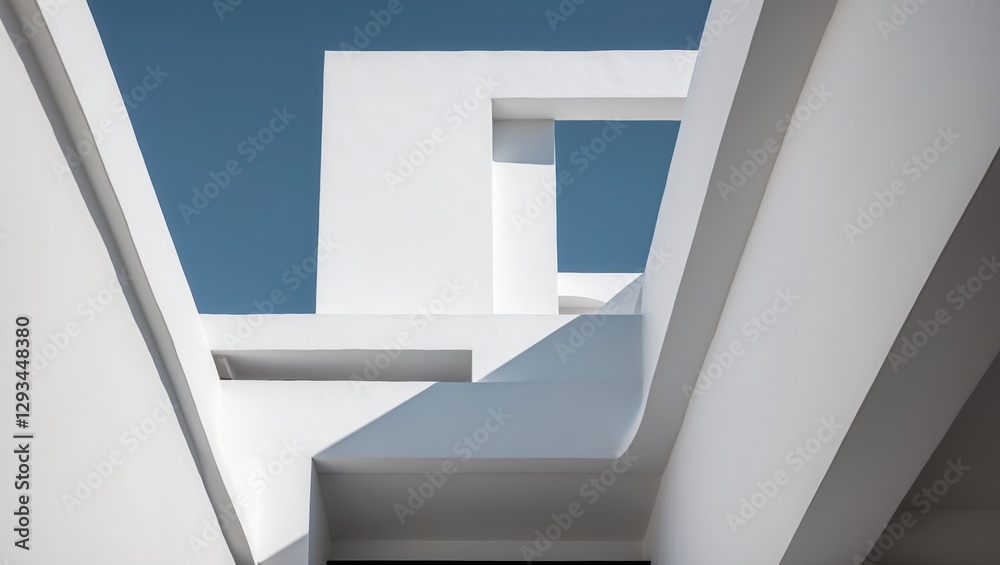 Obraz premium White concrete building exterior against blue sky. Modern architecture with geometric shapes creates abstract design with shadows and light.