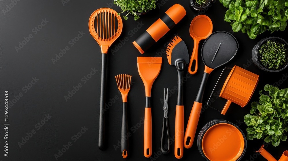 Colorful kitchen utensils arranged with fresh herbs on a dark background.
