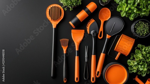 Obraz na płótnie Colorful kitchen utensils arranged with fresh herbs on a dark background. w salonie