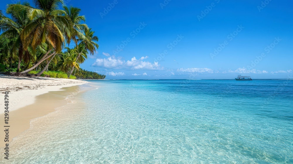 Naklejka premium Serene Tropical Beach with Clear Water and Palm Trees Under Blue Sky