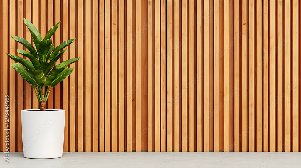 Modern Plant in White Pot Against Wooden Wall