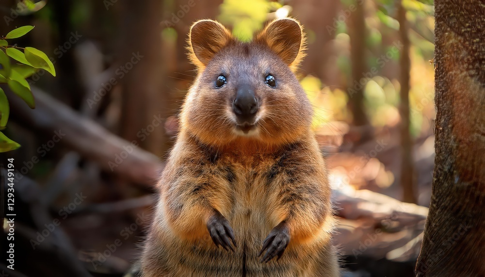 Naklejka premium Curious Quokka Revealing Intrigue in a Lush Forest Setting at Twilight, Capturing the Mystique of Australias Unique Wildlife Amidst Dappled Shadows and Rich Greenery.