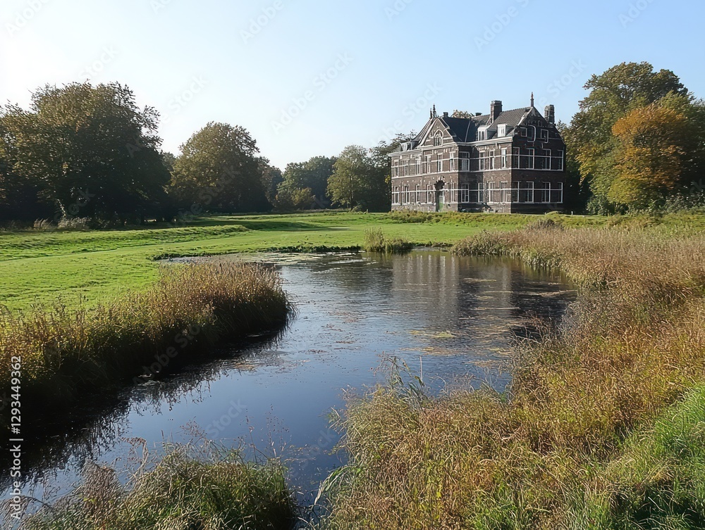 Picturesque autumn landscape featuring a historic manor house, reflecting in a calm pond, surrounded by lush greenery and trees. Picturesque autumn landscape featuring a historic manor house, reflecting in a calm pond, surrounded by lush greenery and trees.