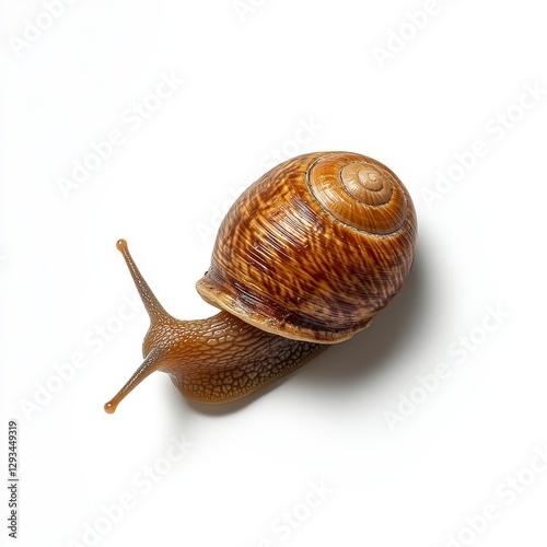 Brown snail crawling on a white background. Close up view showing shell detail and texture