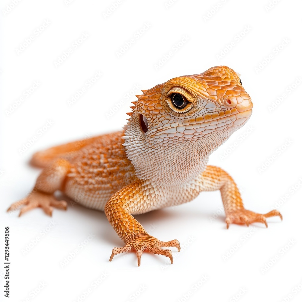 Fototapeta premium Orange lizard on white background, studio shot. Reptile detail, textured skin, close up view
