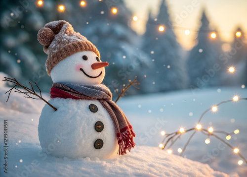 A cute, laughing snowman wearing a wool hat and scarf, illuminated by sunlight, against a snowy Christmas background with soft bokeh lights.