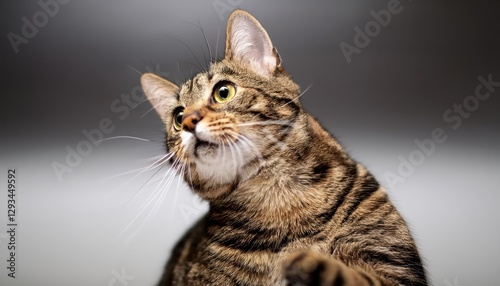 Curious Tabby Cat Stretching Neck Up Side Whimsical Feline Showcasing Playful Energy and Soft Fur Textures in a Cozy Home Setting.