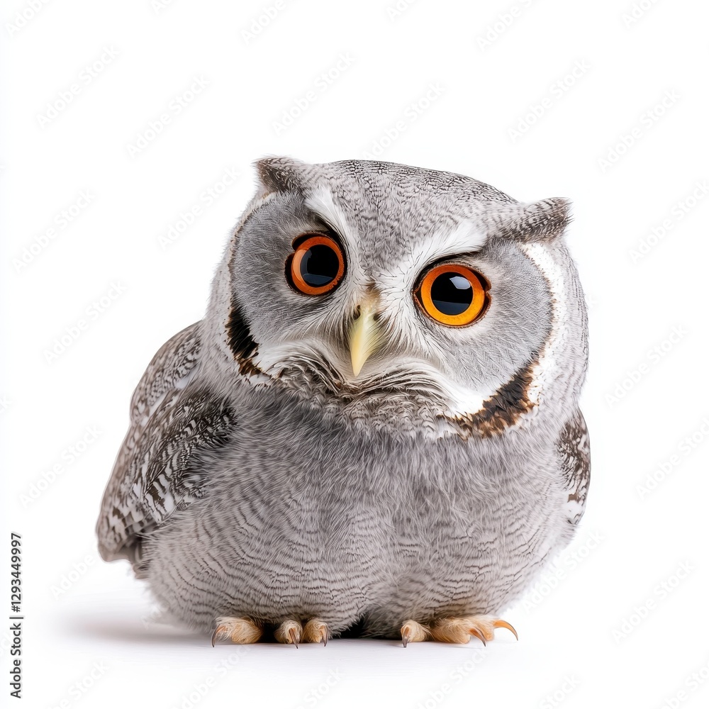 Naklejka premium Gray owl with bright orange eyes sits against a white background. Studio shot of a wild bird