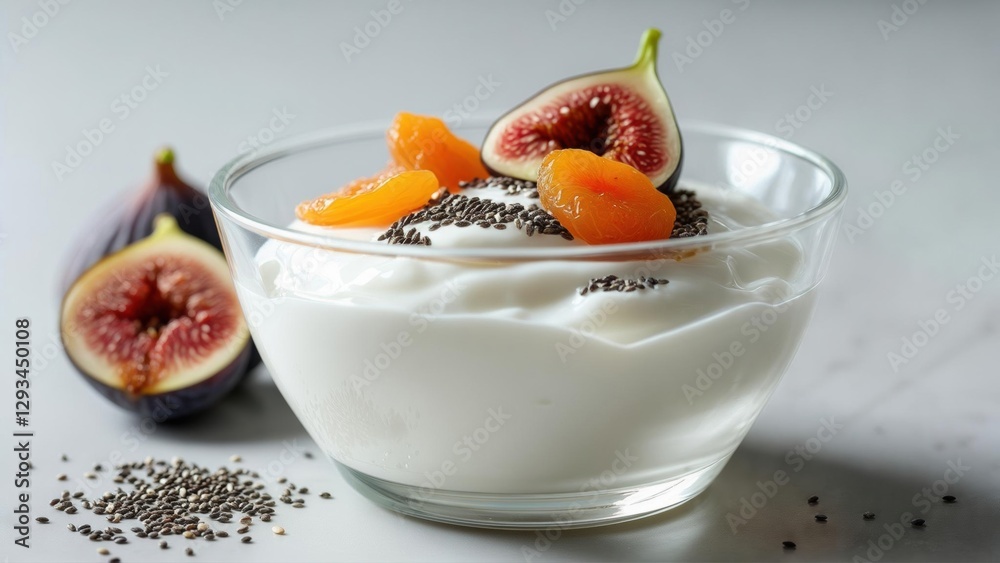 Delicious yogurt bowl topped with figs and apricots in a bright kitchen setting Delicious yogurt bowl topped with figs and apricots in a bright kitchen setting