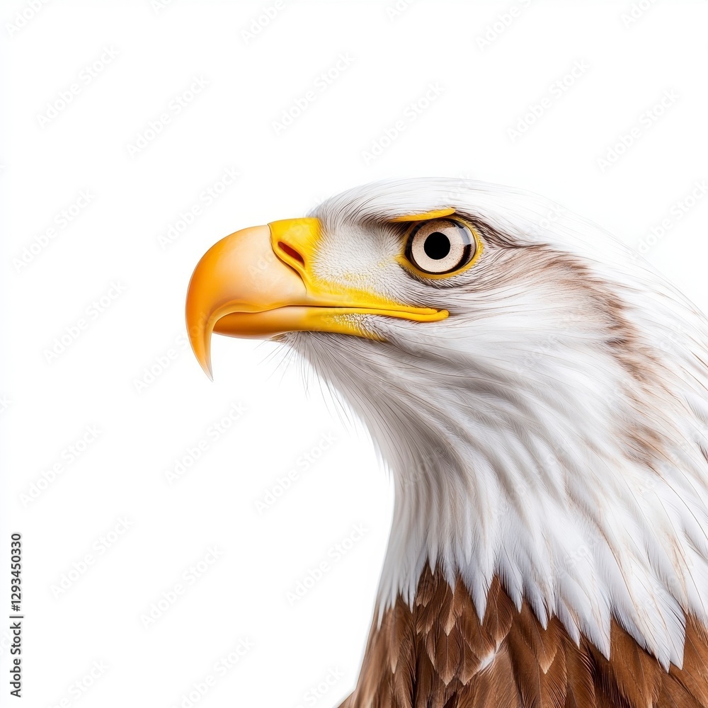 Obraz premium Close up profile view of an eagle against a white background. The eagle's head and neck are sharply in focus, showing its yellow beak, dark eyes