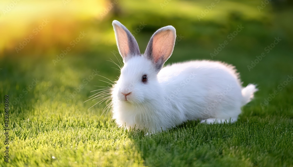 Fluffy White Rabbit Frolicking on a Lush Green Lawn at Backyard in Morning Light, Capturing Innocence and Tranquility of Natures Gentle Wonders. Fluffy White Rabbit Frolicking on a Lush Green Lawn at Backyard in Morning Light, Capturing Innocence and Tranquility of Natures Gentle Wonders.