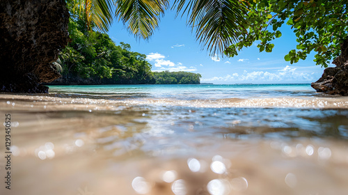 Tropical sandy beach with clear turquoise ocean water framed by green palm leaves under a bright blue sky.