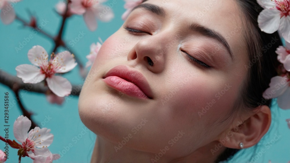 A sensual closeup portrait of a beautiful young brunette woman model closed eyes surrounded by white sakura blossom flowers. Dreamy spring youth illustration concept. A sensual closeup portrait of a beautiful young brunette woman model closed eyes surrounded by white sakura blossom flowers. Dreamy spring youth illustration concept.
