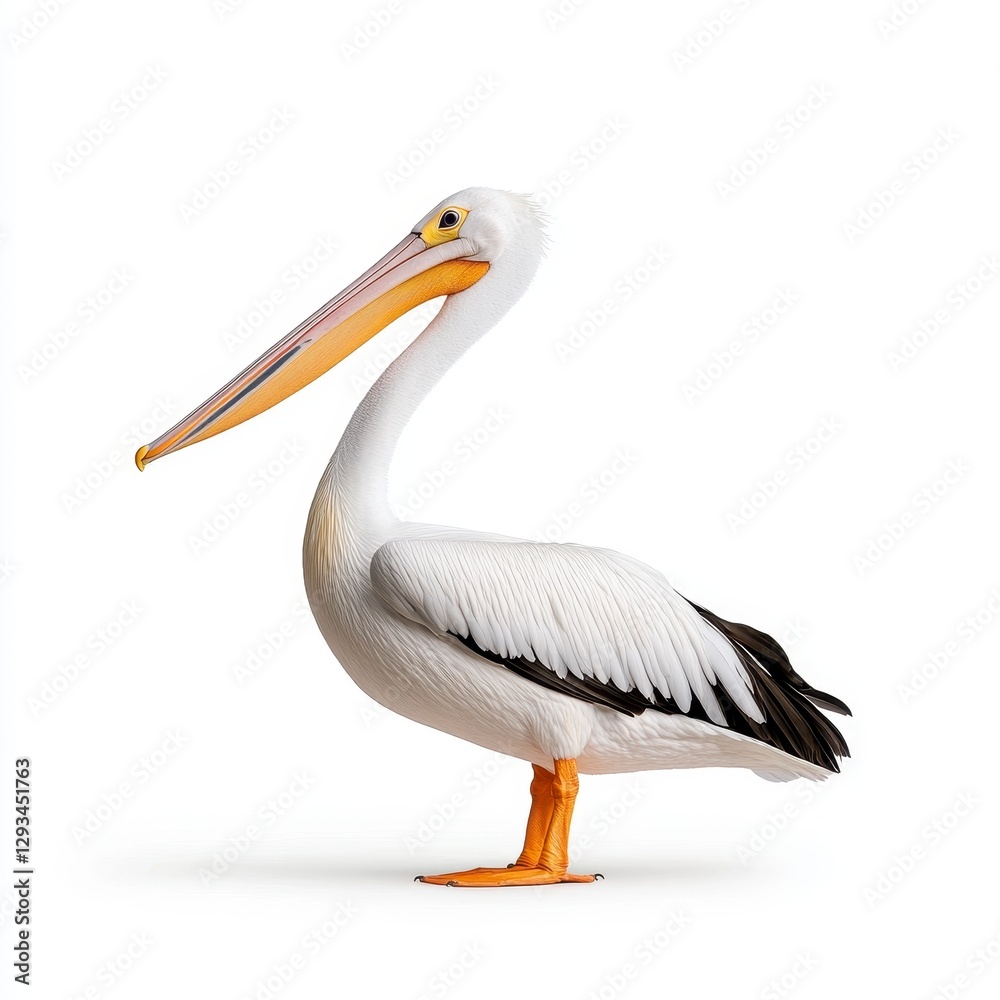 White pelican standing on white background, showcasing detailed plumage and long beak. Studio shot, sharp focus White pelican standing on white background, showcasing detailed plumage and long beak. Studio shot, sharp focus