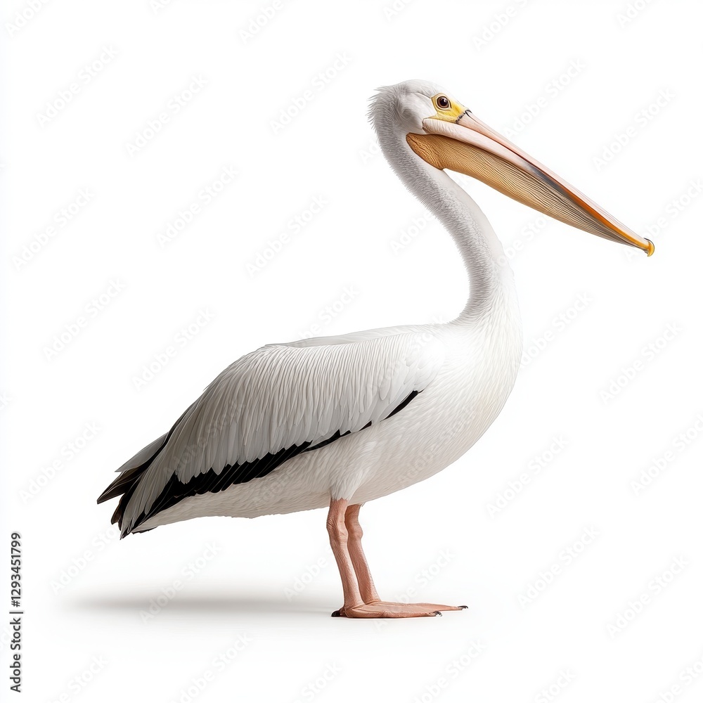 White pelican standing on white background, profile view, large beak, detailed feathers, studio lighting White pelican standing on white background, profile view, large beak, detailed feathers, studio lighting