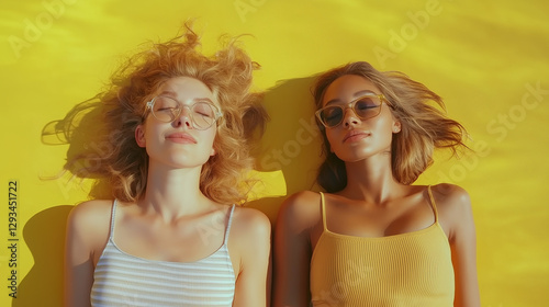 Two physically contrasting women relaxing in the sun on a bright yellow background, perfect for summer and lifestyle photography