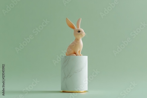 Cute bunny figure perched on stylish marble pedestal against sof