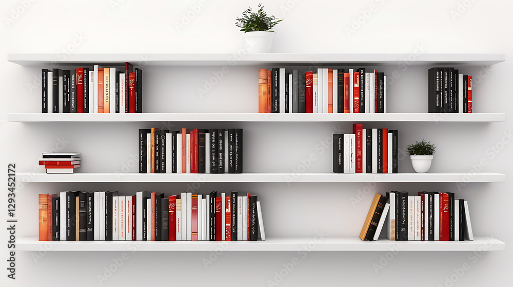 Modern White Bookshelf with Red and Black Books Modern White Bookshelf with Red and Black Books