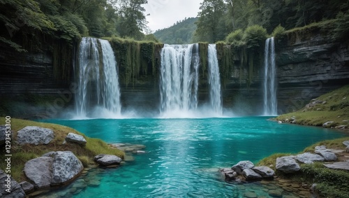 Scenic waterfall with turquoise water in green forest. Cascade flows over rocks into clear pool during daytime.