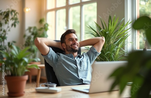Man relaxing in home office. Businessman smiles leaning back on chair looking away from laptop. Break time on workplace. Online work. Freelancer resting, dreaming with hands behind head. Mental