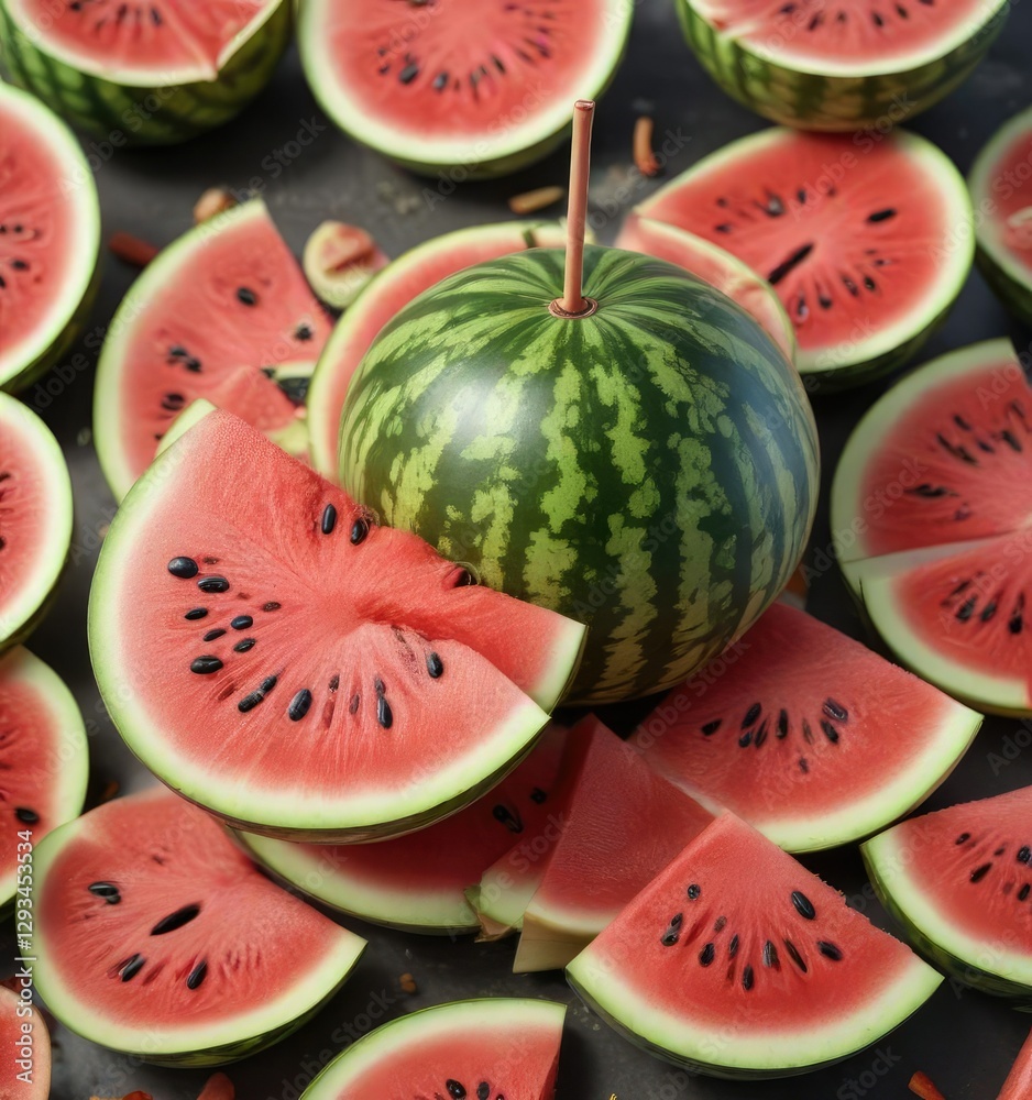 Whole watermelon with a straw and sliced fruits, ripe, round, seedless, detox, diet Whole watermelon with a straw and sliced fruits, ripe, round, seedless, detox, diet