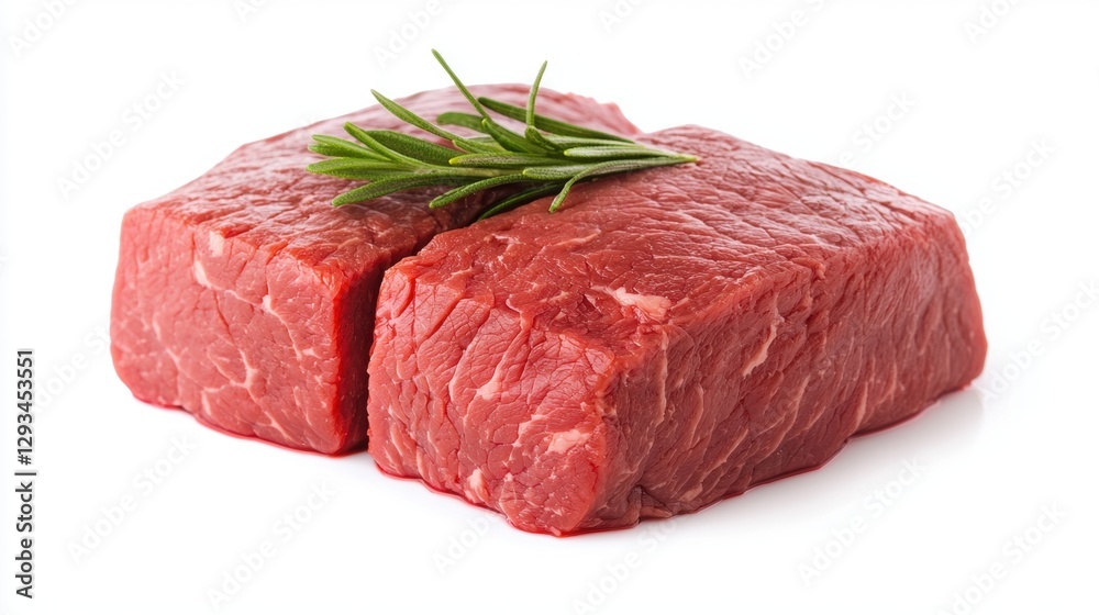 Two raw beef steaks with rosemary on a white background. Ready to be cooked. Concept of food, meat, and cooking. Two raw beef steaks with rosemary on a white background. Ready to be cooked. Concept of food, meat, and cooking.