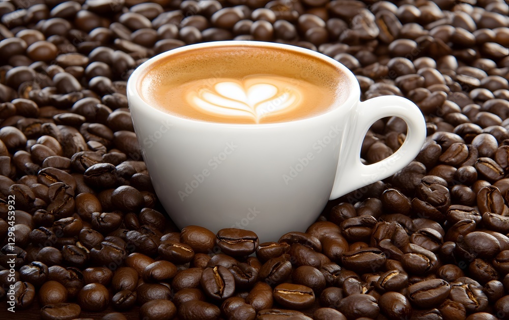 Fototapeta premium Latte Art Coffee Cup on Roasted Beans
