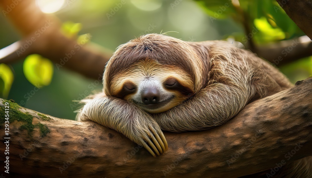 Fototapeta premium Sleeping Sloth in Lush Green Rainforest Canopy, Capturing Tranquility and Peace with its Adorable Bearing