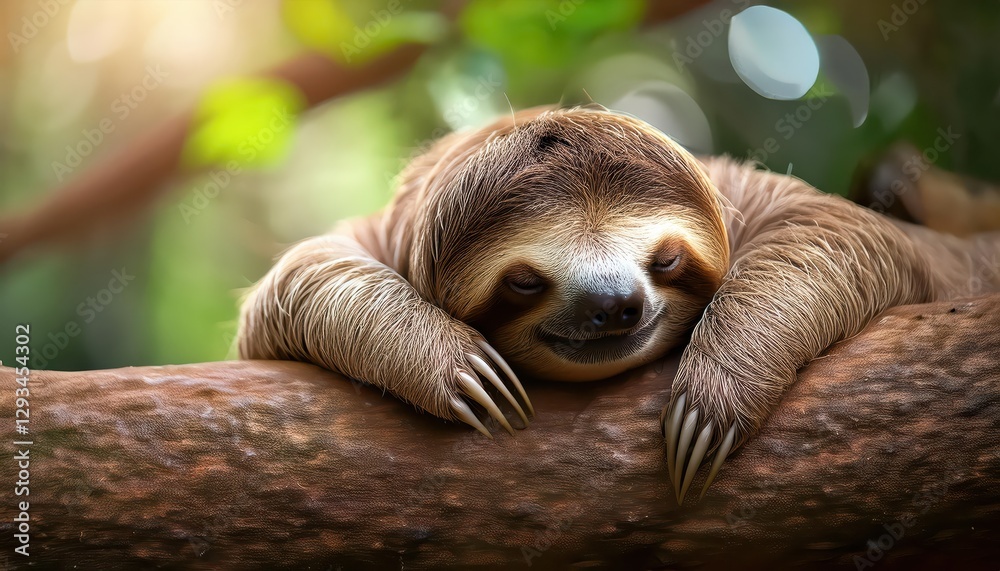 Fototapeta premium Adorable Brown Sloth Napping Peacefully amidst Lush Greenery in a Sunlit Rainforest Canopy, Capturing the Serene Tranquility of the Amazon Jungle.