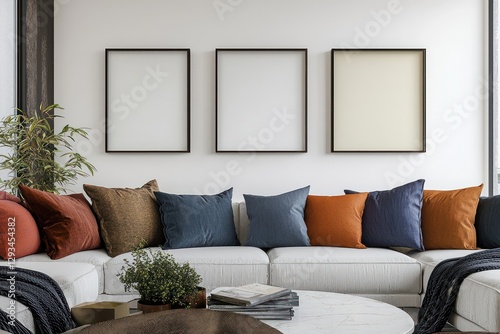 3D interior, living room with white wall and three square poster frames.