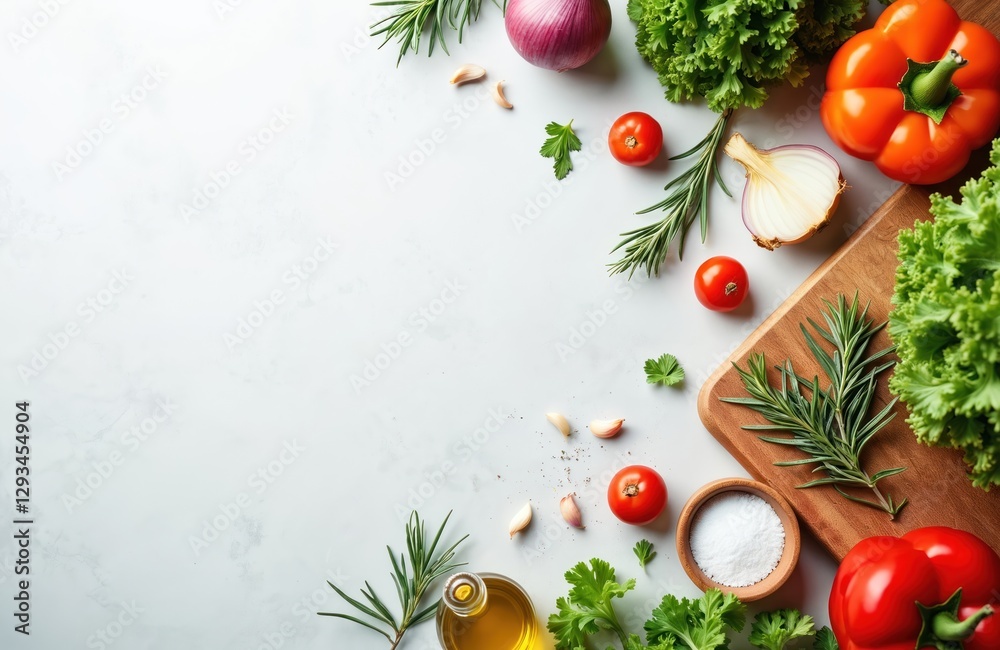Top view food cooking background with fresh vegetables, herbs and spices on white table. Rosemary, tomatoes, garlic, oil, pepper and wooden cutting board for healthy diet. Vegan organic nutrition. Top view food cooking background with fresh vegetables, herbs and spices on white table. Rosemary, tomatoes, garlic, oil, pepper and wooden cutting board for healthy diet. Vegan organic nutrition.