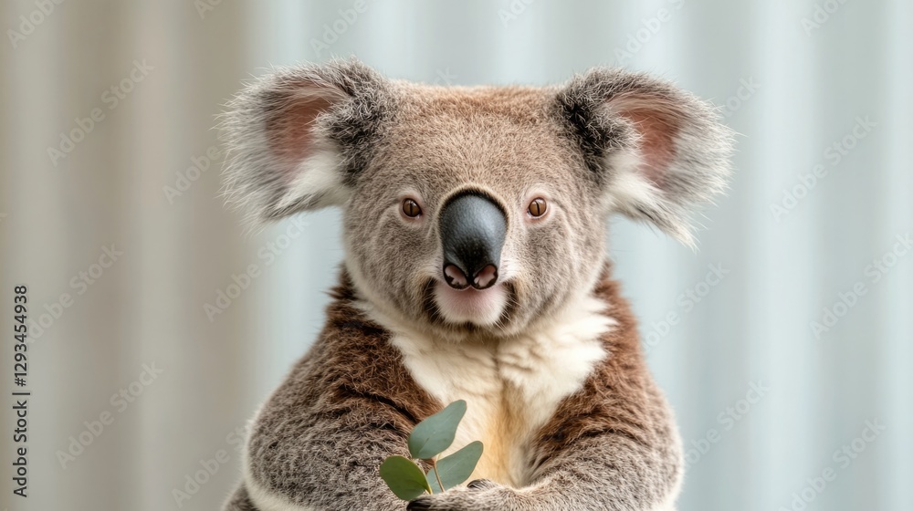 Fototapeta premium Cute koala holding eucalyptus leaves with playful expression in