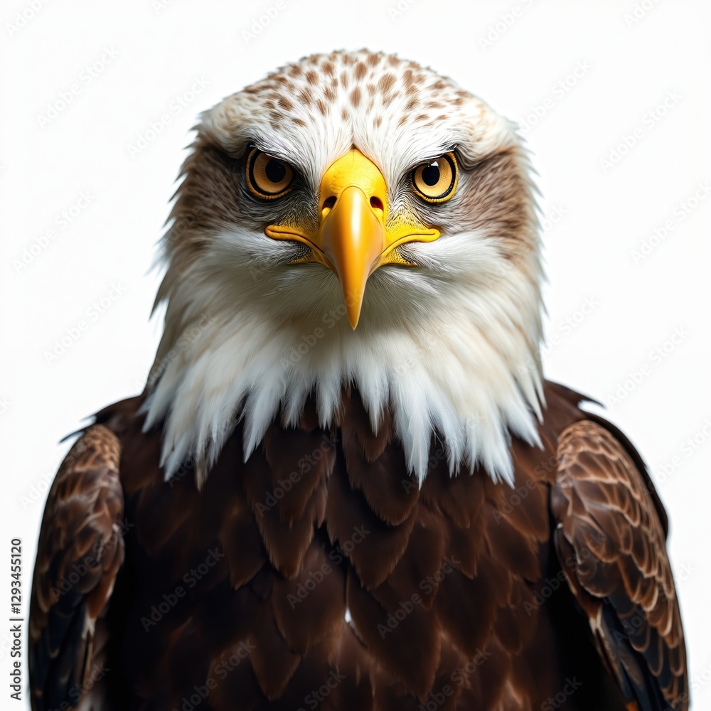 Obraz premium Majestic full body portrait of eagle with white head, brown plumage against white background. Bird demonstrates eyesight, sharp yellow beak. Falconry concept. Wildlife scenery represents American