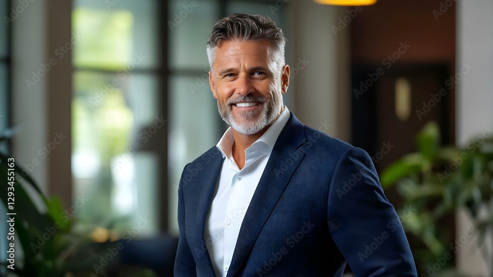 Fototapeta premium A smiling man with gray hair and a beard, wearing a suit, stands in a well-lit indoor space with plants in the background. Concept Portrait Photography, Indoor Lighting, Professional Attire